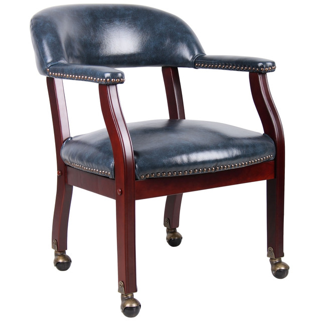 NORSTAR OFFICE PRODUCTS INC. B9545-BE Boss Office Products Captains Guest Arm Chair, With Casters, Blue/Mahogany NORSTAR OFFICE PRODUCTS INC. B9545-BE Boss Office Products Captains Guest Arm Chair, With Casters, Blue/Mahogany