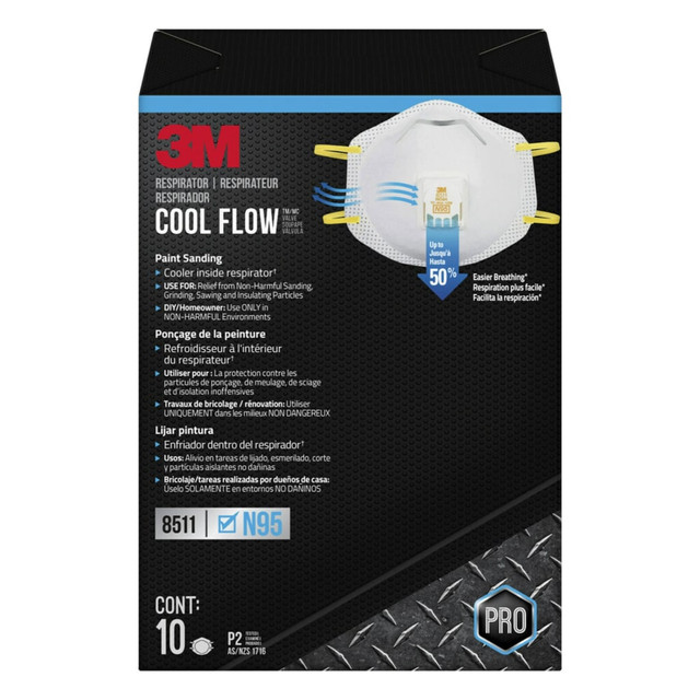 3M CO 3M 8511PB1A  Cool Flow Paint Sanding Valved Respirator N95, 8511P10-DC-PS, Pack of 10