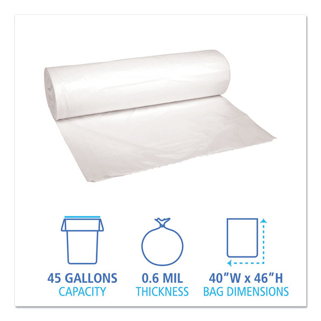 BOARDWALK 4046EXH Low-Density Waste Can Liners, 45 gal, 0.6 mil, 40" x 46", White, 25 Bags/Roll, 4 Rolls/Carton