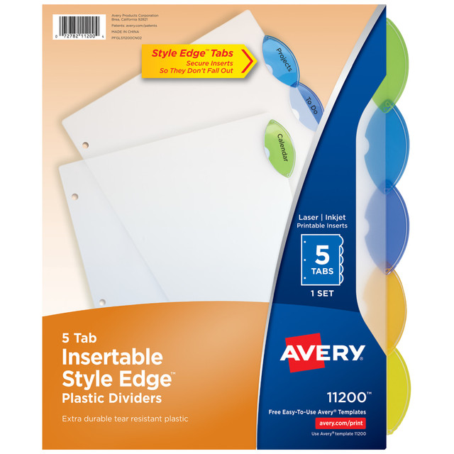 AVERY PRODUCTS CORPORATION Avery 11200  Style Edge Insertable Plastic Dividers, Multicolor, 5-Tab, Pack Of 5 Dividers