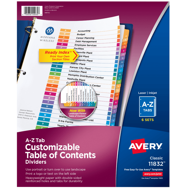 AVERY PRODUCTS CORPORATION 11832 Avery Ready Index Dividers, A-Z Tab & Customizable Table of Contents, 8-1/2in x 11in, 26 Tab, Multicolor, Pack Of 6 Sets AVERY PRODUCTS CORPORATION 11832 Avery Ready Index Dividers, A-Z Tab & Customizable Table of Contents, 8-1/2in x 11in, 26 Tab, Multicolor, Pack Of 6 Sets