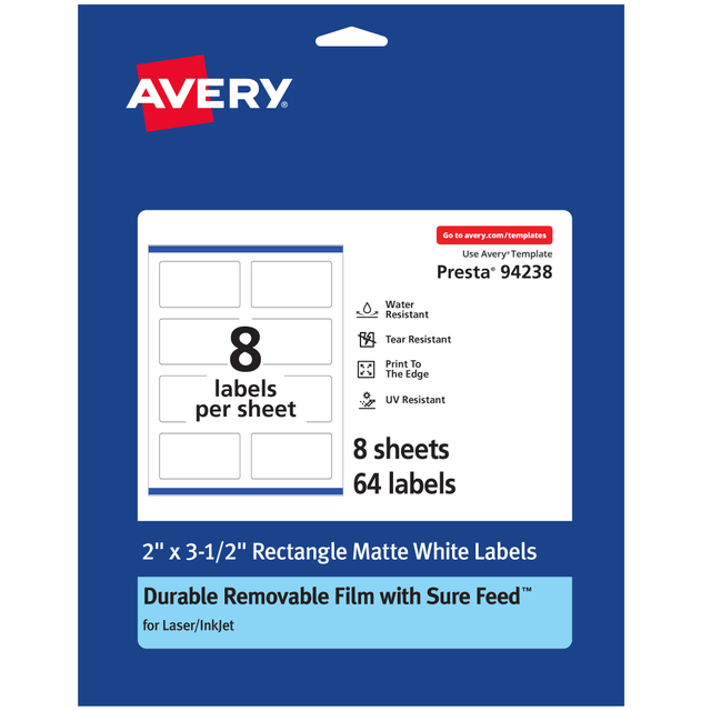 AVERY PRODUCTS CORPORATION 94238-DRF8 Avery Durable Removable Labels With Sure Feed, 94238-DRF8, Rectangle, 2in x 3-1/2in, White, Pack Of 64 AVERY PRODUCTS CORPORATION 94238-DRF8 Avery Durable Removable Labels With Sure Feed, 94238-DRF8, Rectangle, 2in x 3-1/2in, White, Pack Of 64