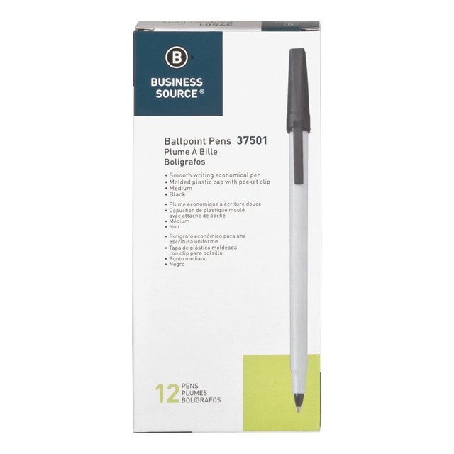 SP RICHARDS 37501 Business Source Medium Point Ballpoint Stick Pens - Medium Pen Point - Black - Light Gray Barrel - Stainless Steel Tip - 1 Dozen