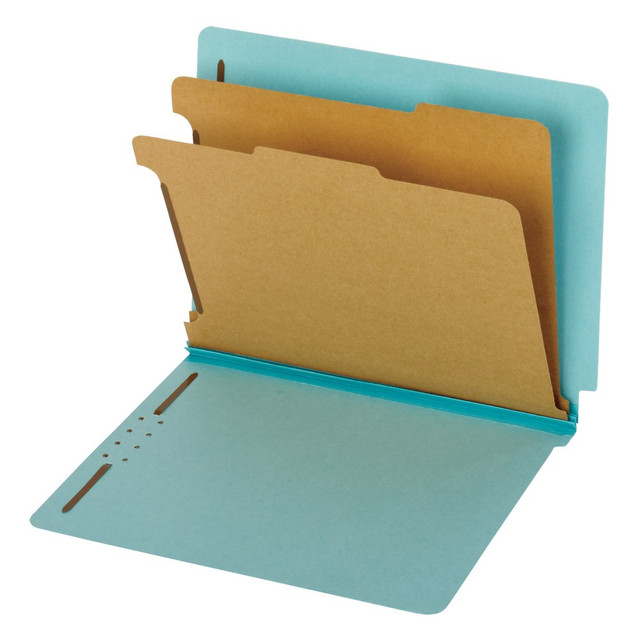 As your work continues to expand, its important to have a storage system that can keep up. Employ the Pendaflex End-Tab Classification Folders to organize and protect your files.  Easily secure documents with embedded fasteners. Features 2in fasteners in the 1 and 3 positions on the covers and 1in dual fasteners on the 2 dividers.  Conveniently divide documents within the folders with the inner dividers.  Durable, Tyvek tape spine is designed to expand to fit your project.  Identify dividers with labels or your own handwritten titles. Standard tab is full length with an embossed end tab and undercut score on the front cover for added room. Labels are sold separately.  Letter-size (8 1/2in x 11in) classification folders are constructed with durable pressboard covers.  Contains Recycled Content - See Specs for Details.