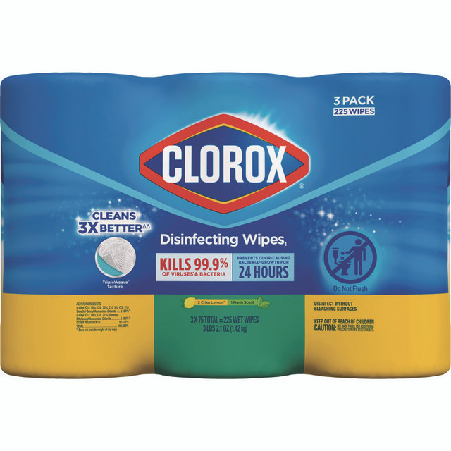CLOROX SALES CO. 30208 Disinfecting Wipes, Bleach Free Cleaning Wipes, 1-Ply, 7 x 8, Fresh Scent/Citrus Blend, White, 75/Canister, 3/Pack, 4/Carton