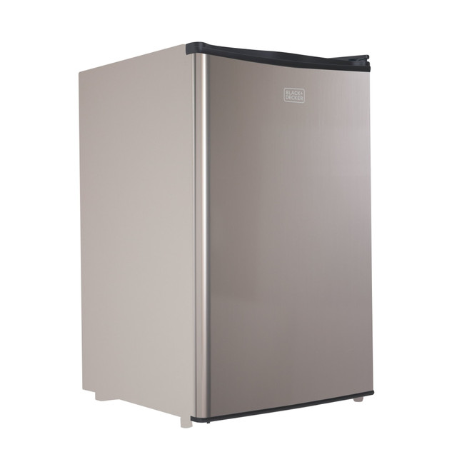 Outfit your college dorm, RV, garage or office with a Black & Decker 4.3 Cu. Ft. Compact Refrigerator. Ample interior storage accommodates beverages, vegetables, frozen dinners and more with adjustable temperature control to suit your every need.  Adjustable temperature control down to 32 deg. Fahrenheit at the lowest setting.  2 removable glass shelves expand storage space.  Vegetable drawer with glass cover helps keep veggies fresh.  Additional door storage fits six 12 oz cans, 1 full-width and 2 half-width storage shelves and 2-liter storage for taller bottles.  Compact freezer fits ice packs, frozen dinners and the included ice tray.  Recessed door handle and reversible door.  Leveling legs keep the unit stable.  Low sound operation at 45dB.  Backed by the manufacturers 1-year limited warranty.  Eco-conscious choice - has one or more meaningful eco-attributes or eco-labels.  Energy efficient - designed to use less energy than alternative products, potentially helping you save money and reduce your carbon footprint.