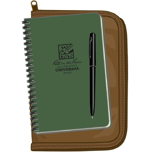 RITE IN THE RAIN 973-KIT  All-Weather Spiral Notebooks, With Pen And Cover, Side, Green/Tan, Pack Of 5 Notebooks