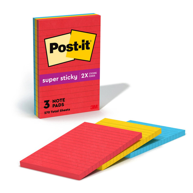 3M CO 660-3SSAN Post-it Super Sticky Notes, 4in x 6in, Playful Primaries Collection, Lined, Pack Of 3 Pads