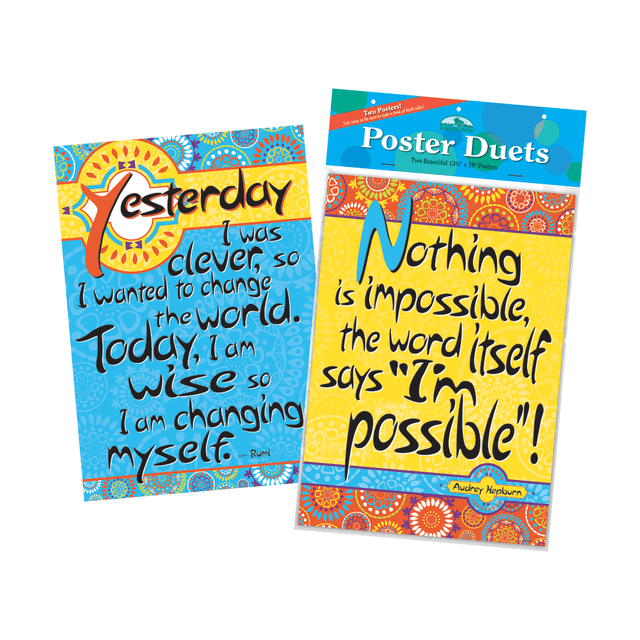 These beautifully designed motivational posters features bright, stylish designs with encouraging messages. They are perfect life reminders to hang in your office, classroom or home.  2 durable, 12-pt. stock posters measure 19inH x 13 3/8inW each.  Coordinate with other Barker Creek products (sold separately).  A friendly reminder that everything is possible in your lifetime.