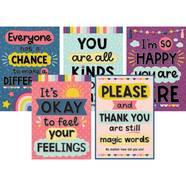 Motivate your students with these Teacher Created Resources Oh Happy Day Posters. This pack of posters will help you brighten up your space.  Made from acid-free paper.  Designed to inspire and motivate children.