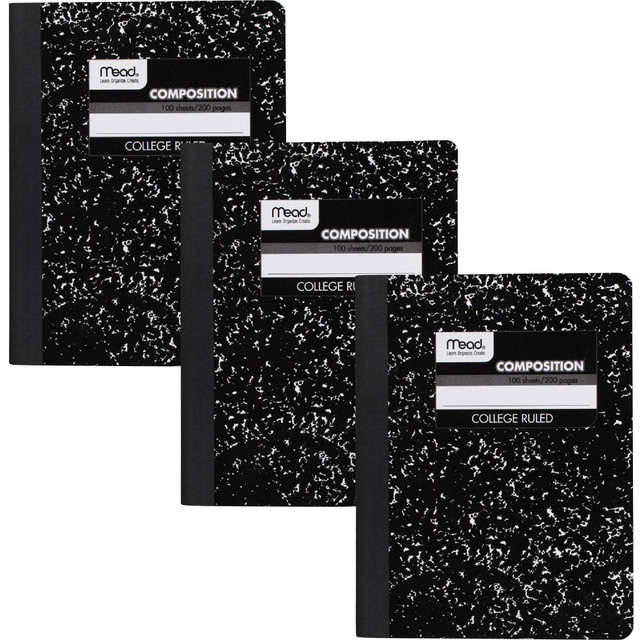 MEADWESTVACO CORP 38111 Mead Composition Notebooks, 9 3/4in x 7 1/2in, College Ruled, 100 Sheets, Black Marble, Pack Of 3