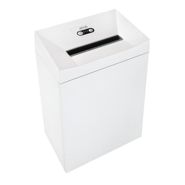 This Ativa shredder in white (PRO18C) is ideal for the small to medium office. The shredder uses cross cutting to shred your sensitive documents and provide you with peace of mind.  Designed for use in smaller offices. For up to 6 users.  18-sheet cross-cut shredder is ideal for confidential personal and business documents. Shreds documents into 3/16in x 1-1/8in pieces.  Shreds up to 18 sheets per pass. The 11-13/16in throat width accepts a wide variety of document sizes.  Low power consumption in standby mode.  Paper feed with overload protection reduces paper jams.  Durable, hardened steel cutters slice through credit cards. Cutters come with the manufacturers lifetime warranty.  Runs continuously so you donT have to wait in between jobs. Has a light barrier for automatic starts and stops.  Powerful, yet quiet motor helps minimize noise levels in the workplace.  Automatically switches off if pressure is applied to the safety element.  Removable 21-gallon wastebasket with a separate collecting bag for different materials.  High-quality wooden cabinet door blends into office furniture.  Casters allow you to move the shredder throughout your workspace with ease.  Ativa is a trademark or registered trademark of The Office Club, Inc.