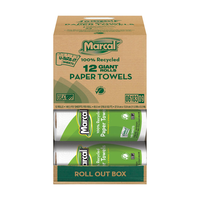 MARCAL PAPER MILLS, LLC 6183 Marcal Small Steps U-Size-It 1-Ply Paper Towels, 100% Recycled, 140 Sheets Per Roll, Pack Of 12 Rolls MARCAL PAPER MILLS, LLC 6183 Marcal Small Steps U-Size-It 1-Ply Paper Towels, 100% Recycled, 140 Sheets Per Roll, Pack Of 12 Rolls