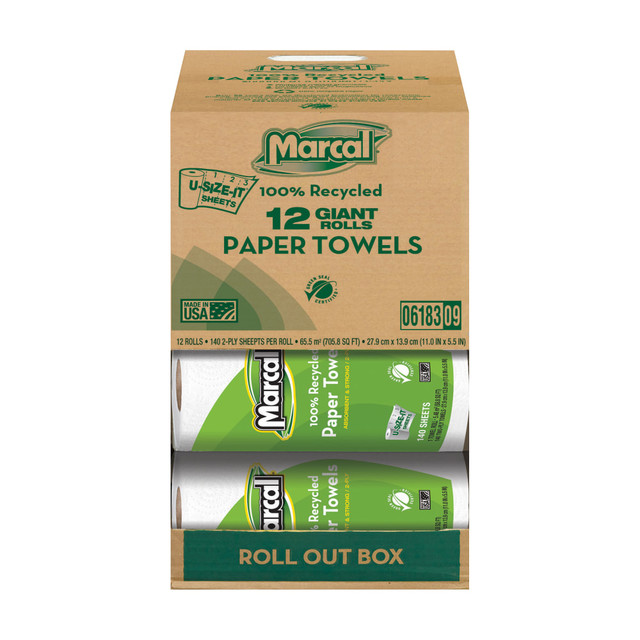 MARCAL PAPER MILLS, LLC Marcal 6183  Small Steps U-Size-It 1-Ply Paper Towels, 100% Recycled, 140 Sheets Per Roll, Pack Of 12 Rolls