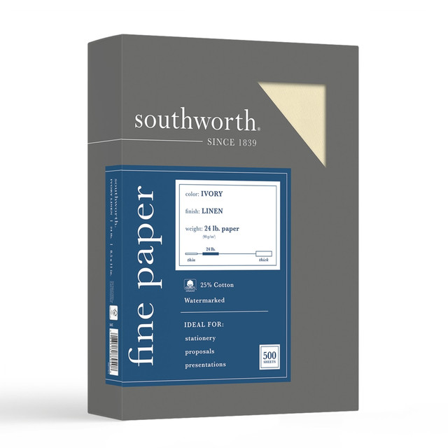 NEENAH PAPER INC 564C Southworth 25% Cotton Linen Business Paper, Ivory, Letter (8.5in x 11in), 500 Sheets Per Ream, 24 Lb, 94 Brightness