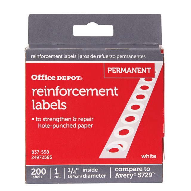 OFFICE DEPOT OD98783 Brand Permanent Self-Adhesive Reinforcement Labels, 1/4in Diameter, White, Pack Of 200 OFFICE DEPOT OD98783 Brand Permanent Self-Adhesive Reinforcement Labels, 1/4in Diameter, White, Pack Of 200