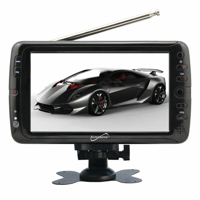 Great for weekend getaways or vacations, this Supersonic TV is easy to bring along. The 7in LCD TV provides 800 x 480 resolution and has a built-in digital TV tuner to help you watch sitcoms, movies, sporting events and more. The built-in USB and SD card reader allow you to play content from other devices.  7in widescreen LCD offers vivid visuals at 800 x 480 resolution.  Built-in digital TV tuner to help you find your favorite programs.  Built-in speakers and an earphone jack to help you hear clearly.  Integrated USB and SD card reader to add an external device.  Features an on-screen display and a rotary rod antenna.  Built-in rechargeable battery lasts for up to 3 hours. Battery life will vary depending on the product configuration, product model, applications loaded on the product, power management setting of the product, and the product features used by the customer. As with all batteries, the maximum capacity of this battery will decrease with time and usage.  Portable TV comes with a full-function remote control for convenience.