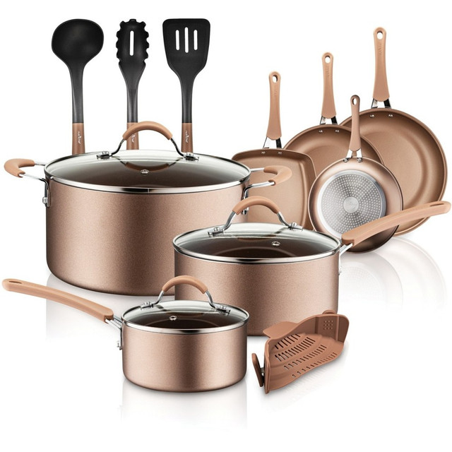 SOUND AROUND INC. NCCW14S NutriChef Diamond Home Kitchen Cookware Set (Blue) - 14 Pieces - Cooking, Frying, Sauce - 8in Frying Pan - 10in 2nd Frying Pan - 12in 3rd Frying Pan - 1.25 gal Dutch Oven Griddle - Gold - Aluminum, Metal, Nylon, Silicone, Ce SOUND AROUND INC. NCCW14S NutriChef Diamond Home Kitchen Cookware Set (Blue) - 14 Pieces - Cooking, Frying, Sauce - 8in Frying Pan - 10in 2nd Frying Pan - 12in 3rd Frying Pan - 1.25 gal Dutch Oven Griddle - Gold - Aluminum, Metal, Nylon, Silicone, Ce