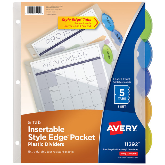 AVERY PRODUCTS CORPORATION Avery 11292  Style Edge Insertable Dividers With Pockets, Multicolor, Pack Of 5 Dividers