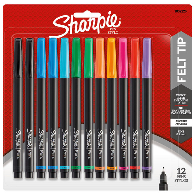 NEWELL BRANDS INC. 1802226 Sharpie Pens, Fine Point, 0.4 mm, Black Barrels, Assorted Ink Colors, Pack Of 12 NEWELL BRANDS INC. 1802226 Sharpie Pens, Fine Point, 0.4 mm, Black Barrels, Assorted Ink Colors, Pack Of 12