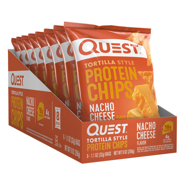 Receive 18 grams of protein with every serving of these Quest Nacho Protein Tortilla Chips. The baked chips deliver a satisfying crunch and the cheesy flavor your taste buds are craving, while also serving as a healthy snack option.  Nacho cheese flavor caters to your cravings.  Baked chips deliver a satisfying crunch.  Ideal companion to sandwiches, burgers or to enjoy on their own.  Whey and milk protein isolates deliver 18 grams of protein per serving.  Only 4 grams of carbs per serving.  All-natural recipe is free of potatoes and gluten for a healthy snack.