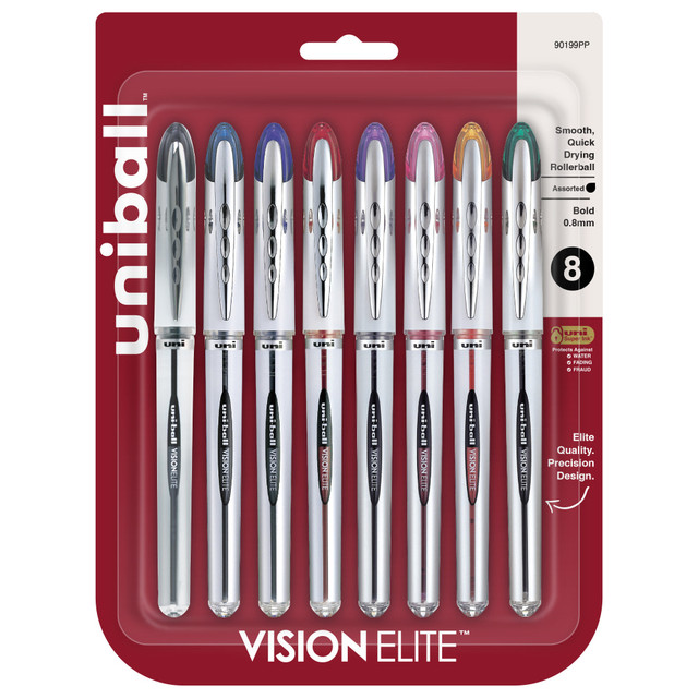 NEWELL BRANDS INC. 90199 uni-ball Vision Elite Liquid Ink Rollerball Pens, Bold Point, 0.8 mm, Black Barrel, Assorted Ink Colors, Pack Of 8 NEWELL BRANDS INC. 90199 uni-ball Vision Elite Liquid Ink Rollerball Pens, Bold Point, 0.8 mm, Black Barrel, Assorted Ink Colors, Pack Of 8