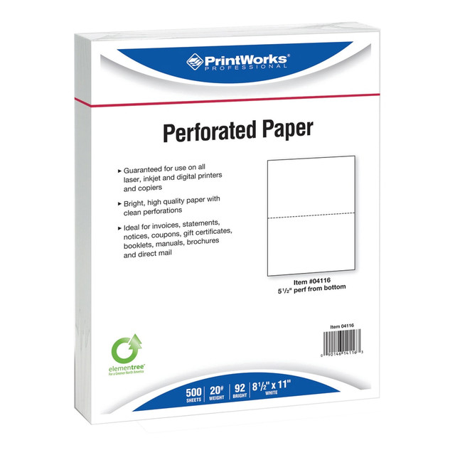 PARIS BUSINESS PRODUCTS 04116 PrintWorks Professional Pre-Perforated Paper for Statements, Tax Forms, Bulletins, Planners And More, Letter Size (8 1/2in x 11in), Ream Of 500 Sheets, 20 Lb