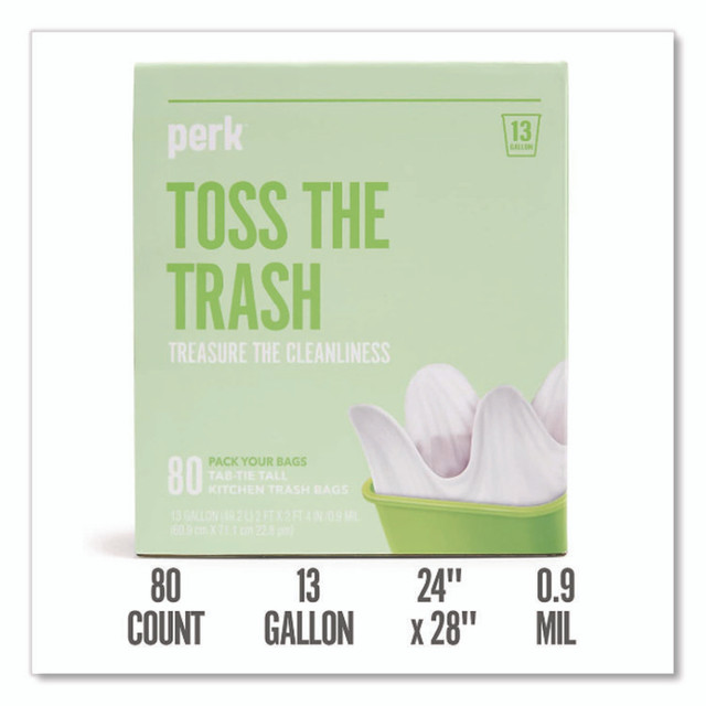 PERK 24377881 Tab-Tie Tall Kitchen Trash Bags, Tie-Flap, 13 gal, 28" x 24", White, 80/Box