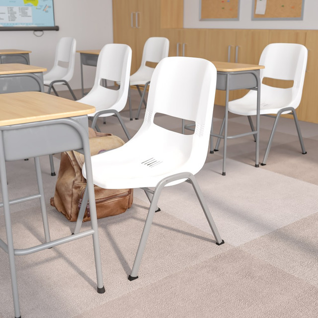 Whether you work in a traditional office or just need seating for your childs playroom, consider 1 of these stacking chairs. The chair features a vented back, allowing air to flow freely while sitting.  Overall Dimensions: 32inH x 19.25inW x 23.5inD.  Weight capacity tested to support 880 lb.  Ergonomically designed plastic seat features drain holes and a vented back for airflow.  Metal frame with a powder-coated finish and double support braces to handle stacking up to 20 chairs high.  Plastic glides help prevent damage to flooring.  Save time - no assembly required.  ANSI/BIFMA Compliant - This product has been tested and verified for compliance with rigorous performance requirements and safety standards related to specific furniture products.