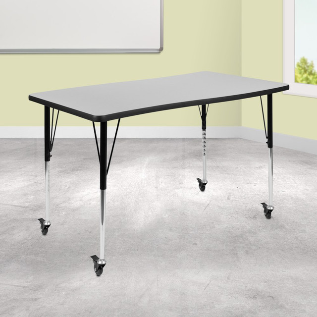Whether you are running a classroom or work area, you will love the Flash Furniture Mobile Rectangle Wave Flexible Collaborative Thermal Laminate Activity Table With Standard Height-Adjustable Legs. This table features a thick, thermal-fused laminate top to protect against damage. The steel legs can be adjusted, helping you find the right height for your users.  16 gauge tubular steel legs can be adjusted in 1in increments. Powder-coated upper legs and chrome lower legs.  1in-thick, thermal-fused laminate surface offers an edge band and scratch and stain resistance.  Casters can lock in place.  Recommended for 1st grade classrooms and up.  Can accommodate up to 4 adults or children.  Backed by the manufacturers 2-year limited warranty.  This product is heavy and/or oversized and may need more than one person to handle.
