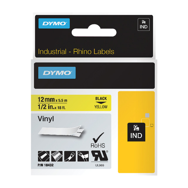 NEWELL BRANDS INC. Dymo 18432  RhinoPRO 18432 Vinyl Label Tape, 15/32inW x 18 3/64L , Rectangle, Black on Yellow