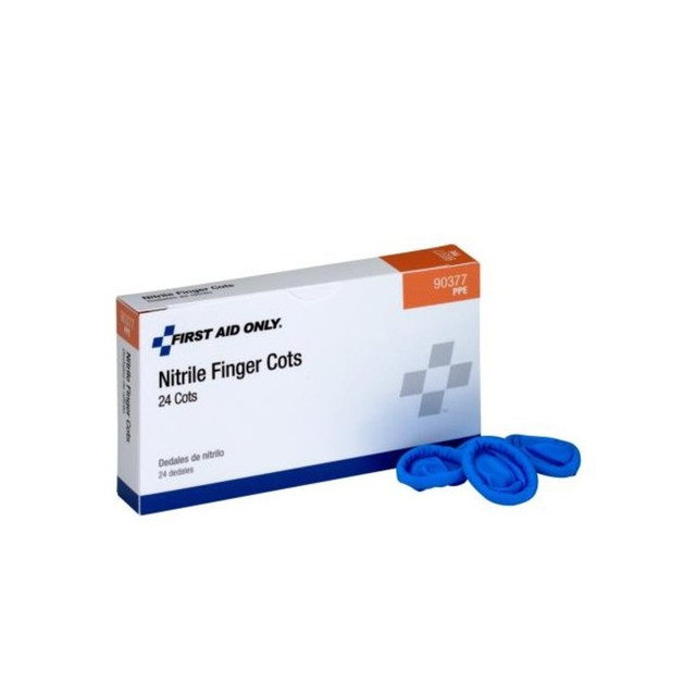 Help protect small finger wounds from infection with First Aid Only Large Nitrile Finger Cots. The powder- and latex-free design wonT irritate your skin.  Designed to protect small finger wounds.  Latex-free, powder-free nitrile construction.  Allows for a static-free touch.