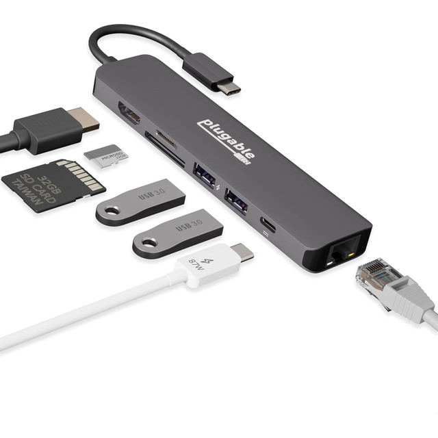 PLUGABLE TECHNOLOGIES Plugable USBC-7IN1E  7-in-1 USB C Hub Multiport Adapter w Ethernet Turns a Single Port into a 7-in-1 USB-C Hub - Compatible with Mac, Windows, Chromebook, Dell XPS and Thunderbolt 3 (92W Charging, Gigabit Ethernet, 4K HDMI, 2x U