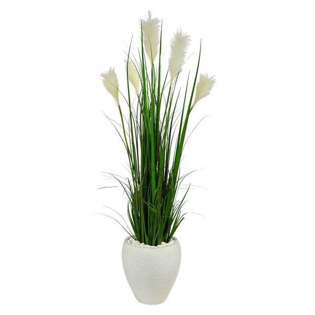 NEARLY NATURAL INC. Nearly Natural P1574  Wheat Plume Grass 54inH Artificial Plant With Planter, 54inH x 18inW x 16inD, Green/White