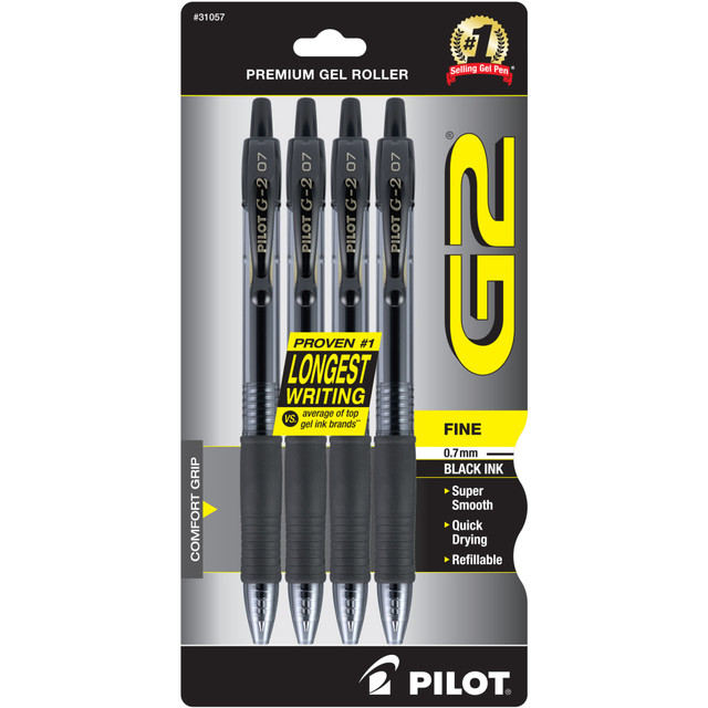 The Pilot G2 Premium Gel Roller is the ultimate pen for the everyday overachiever. Smooth-writing gel ink glides onto the page.  Smooth writing and smear proof  Comfortable, latex-free rubber grip  Fine Point (0.7mm) tip delivers crisp, precise lines  Retractable and refillable with visible ink supply  Retractable and refillable  Latex-free comfort grip and convenient color-coordinated clip  Available in Black Ink  Refillable - designed to be used repeatedly, helping you avoid single-use disposables and potentially save money.