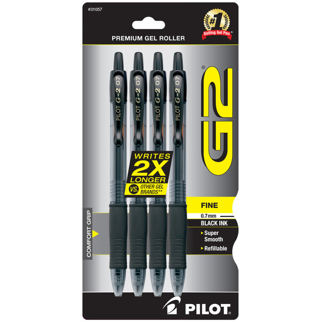 PILOT CORPORATION OF AMERICA Pilot 31057  G2 Retractable Gel Pens, Fine Point, 0.7mm, Clear Barrels, Black Ink, Pack Of 4 Pens