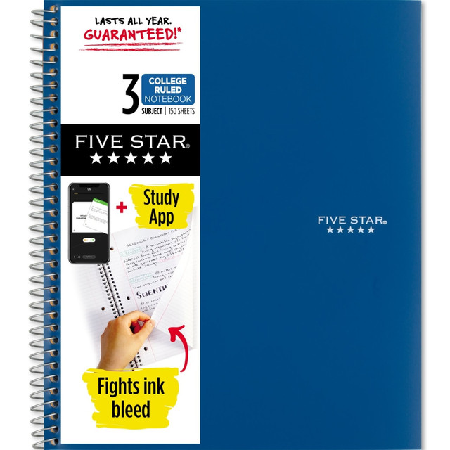 ACCO BRANDS USA, LLC 820003NH0-ECM Five Star Wire-Bound Notebook, 8-1/2in x 11in, 3 Subject, College Ruled, 150 Sheets, Pacific Blue