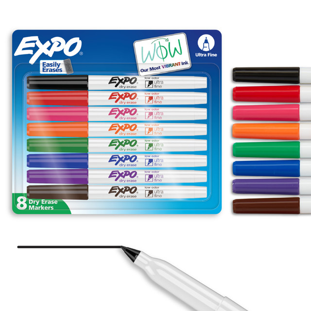 Grab one of these markers and enjoy a useful brainstorming session on your whiteboard. The quick-drying ink lets you focus on the content, and the ultra-fine tip is great for when detail is needed.  Dry erase markers with the most vibrant ink yet from EXPO  Vibrant ink makes it easier to read information from a distance  Made for the whiteboard and beyond, writing pops on most non-porous surfaces like glass, acrylic, and more!  Easily and cleanly erases with an EXPO eraser or dry cloth  Ultra fine tip markers for precise marking in tight spaces