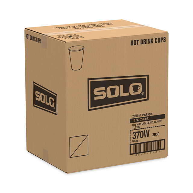 DART SOLO® 370W Single-Sided Poly Paper Hot Cups, 10 oz, White, 50/Sleeve, 20 Sleeves/Carton
