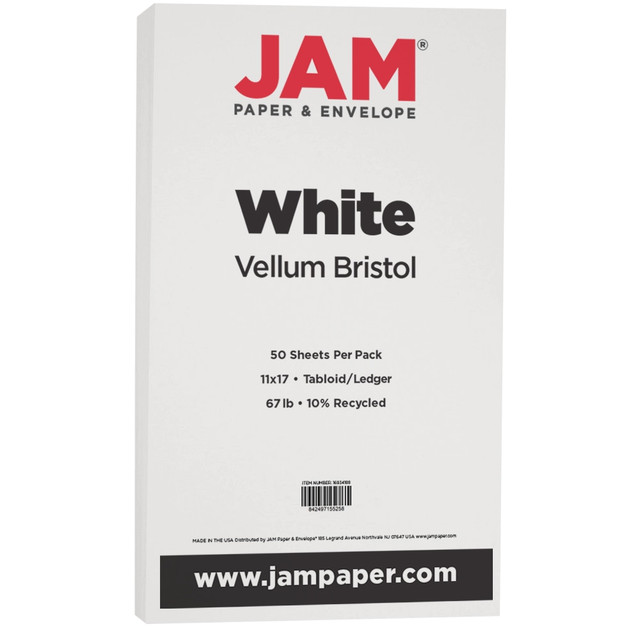 JAM PAPER AND ENVELOPE 16934188 JAM Paper Vellum Bristol Card Stock, White, Ledger (11in x 17in), 67 Lb, White, Pack Of 50