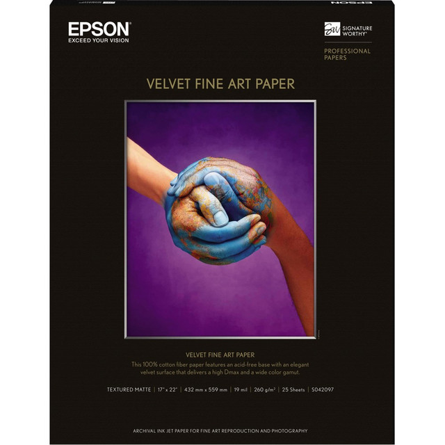 EPSON AMERICA INC. S042097 Epson 17in x 22in Velvet Fine Art Paper For Inkjet Printers, 25 Sheets