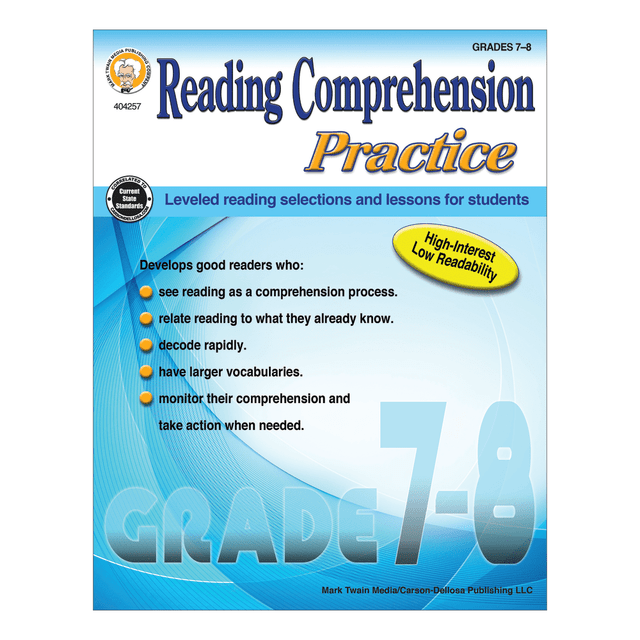 Monitor student reading, vocabulary and comprehension progress, so you can intervene at the right time if needed. This book contains exercises for a broad range of abilities to ensure that all students can reach their potential.  Content suits a wide range of students and provides room to grow. Offers independent reading for on-level readers, instructional reading for below-level readers and supplemental reading for above-level readers.  Meets Common Core standards.  Reading exercises allow students to strengthen vocabulary and overall reading and analytic skills. Students can relate readings to what they already know and learn how to decode words.  Suitable for children in 7th and 8th grade.  Includes reading guides, comprehension questions and more.