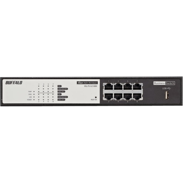 BUFFALO TECHNOLOGY (USA), INC. BSL-PS-G2108M BUFFALO 8-Port Desktop/Rackmount Gigabit Ethernet PoE Web Managed Switch (BSL-PS-G2108M) - 8 x RJ-45 - Manageable - 10/100/1000Base-T