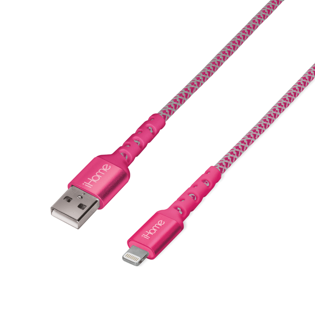 Power your favorite Apple devices with the iHome Nylon Braided Lightning To USB-A Cable. Its ultra-tough nylon braided design can withstand frequent use, and the Durastrain tip technology offers powerful durability.  Compatible with Apple devices with a lightning port.  Ultra-tough nylon braided construction offers long-lasting use.  Durastrain tip technology for durability.  10' length can reach a distant outlet.  Includes a bonus cable wrap.  Backed by the manufacturer's lifetime limited warranty.