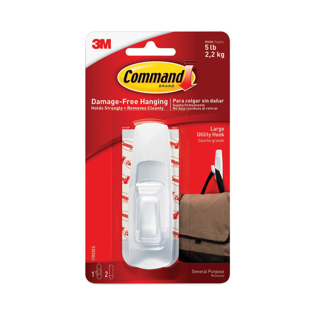 3M/COMMERCIAL TAPE DIV. Command™ 17003ES General Purpose Hooks, Large, Plastic, White, 5 lb Capacity, 1 Hook and 2 Strips/Pack