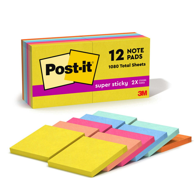 3M CO Post-it 654-12SSJOY  Super Sticky Notes, 3 in x 3 in, 12 Pads, 90 Sheets/Pad, 2x the Sticking Power, Summer Joy Collection