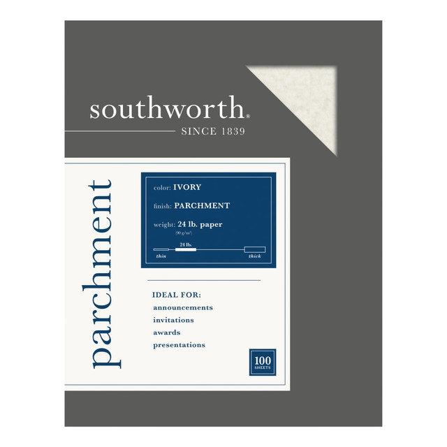 Southworth paper brings an old-world look and feel to your documents. Use this parchment specialty paper in your copier or inkjet or laser printer to create brilliant business documents that make a bold statement.  Compatible with most copiers and inkjet and laser printers.  Acid and lignin free.  Matching envelopes are sold separately.  Ivory paper with Parchment finish