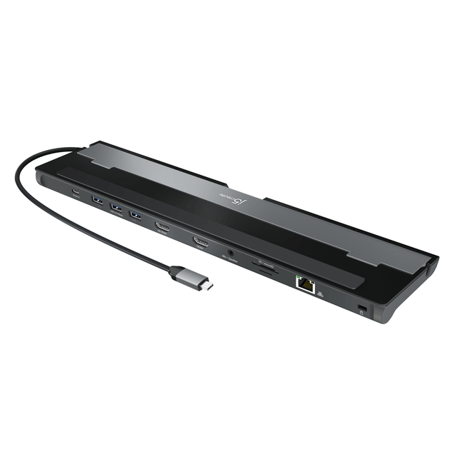 Create a fully functional workstation that stems right from your laptop using this j5create USB-C Dual HDMI Docking Station. With support for 2 monitors, networking and a variety of peripherals, this docking station helps you make the most of your workspace.  Connects to an available USB Type-C port with DisplayPort Alt Mode support and USB Power Delivery 2.0 or 3.0.  Work across 3 displays (2 monitors plus your laptop). Dual HDMI outputs offer resolution support up to 4K (3840 x 2160) on 1 display and 1080p (2048 x 1152) on the other display.  Also includes 4 USB 3.0 ports (1 USB Type-C and 3 USB Type-A), a Gigabit Ethernet port, Secure Digital/microSD card slots and a 3.5 mm combo audio jack.  Up to 100W Power Delivery powers and charges power-hungry laptops and connected peripherals.  Advanced heat-eliminating design optimizes performance.  Double-sided cable storage compartment helps you maintain an organized workspace.  Requires Microsoft Windows 10 and macOS 10.11 or later.  Backed by the manufacturers 2-year limited warranty.  Designed in gray/black for a professional aesthetic.