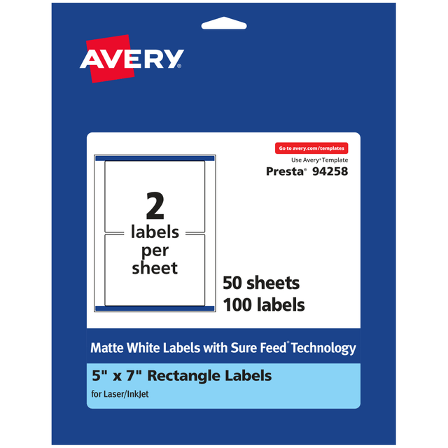 AVERY PRODUCTS CORPORATION 94258-WMP50 Avery Permanent Labels With Sure Feed, 94258-WMP50, Rectangle, 5in x 7in, White, Pack Of 100 AVERY PRODUCTS CORPORATION 94258-WMP50 Avery Permanent Labels With Sure Feed, 94258-WMP50, Rectangle, 5in x 7in, White, Pack Of 100