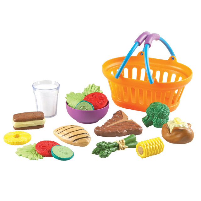Encourage a lifetime of healthy eating with this meal set. Play food helps kids learn about proper nutrition through engaging, imaginative play.  Set includes food pieces that encourage students to create healthy meals.  Teaches children healthy eating habits through play.  For grade PK and up.  Includes a glass of milk, steak, grilled chicken breast, asparagus bundle, baked potato, broccoli, corn, empty bowl, 3 lettuce leaves, 2 tomato slices, 2 cucumber slices, pineapple ring and ice cream sandwich.  Set of 18 pieces store in a colorful, oval basket.  Basket measures approximately 8.5inL x 7inW x 4inH.